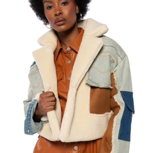 NWT BIDA Denim Patchwork Jacket Large Vegan Sherpa Coat Faux Suede Cropped NEW - Picture 2 of 10